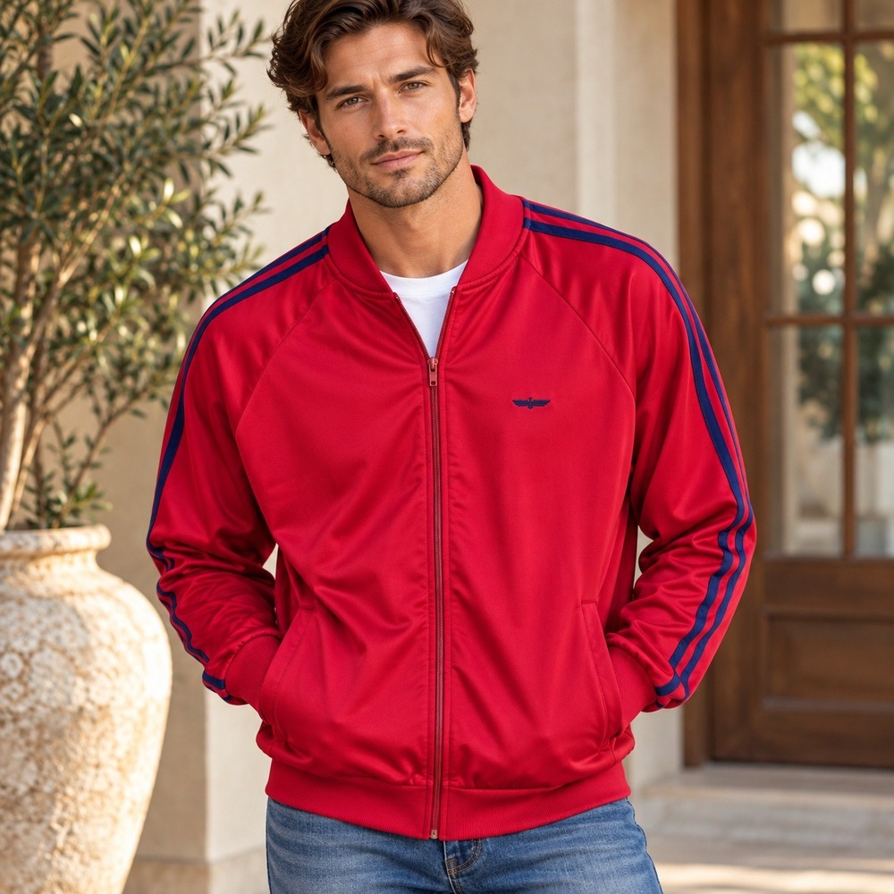 Aviat Sportif Mens Red Track Jacket Navy Blue Stripes Full Zip Size Large